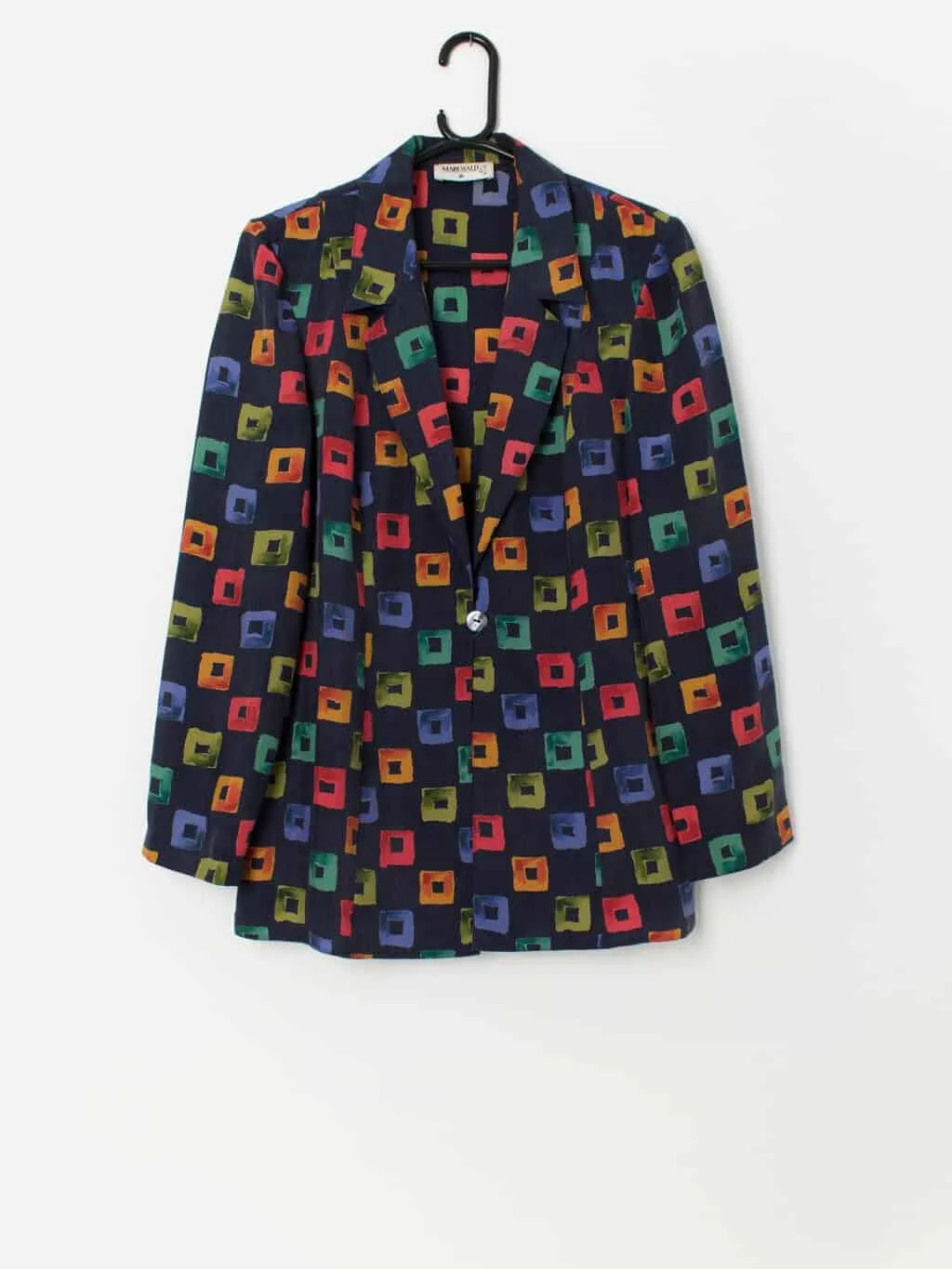 Vintage statement navy blouse / blazer with multicoloured square pattern – Medium