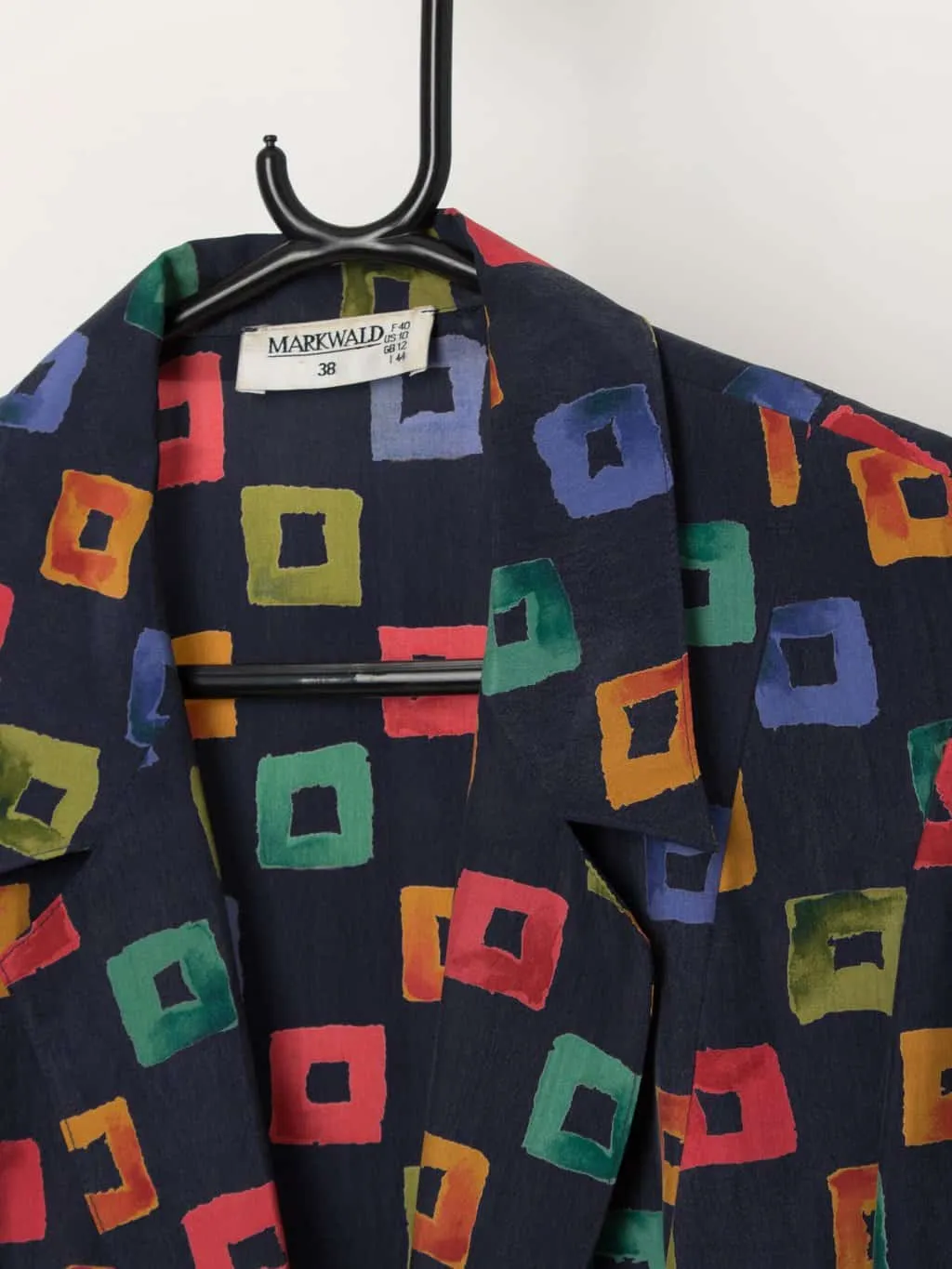 Vintage statement navy blouse / blazer with multicoloured square pattern – Medium