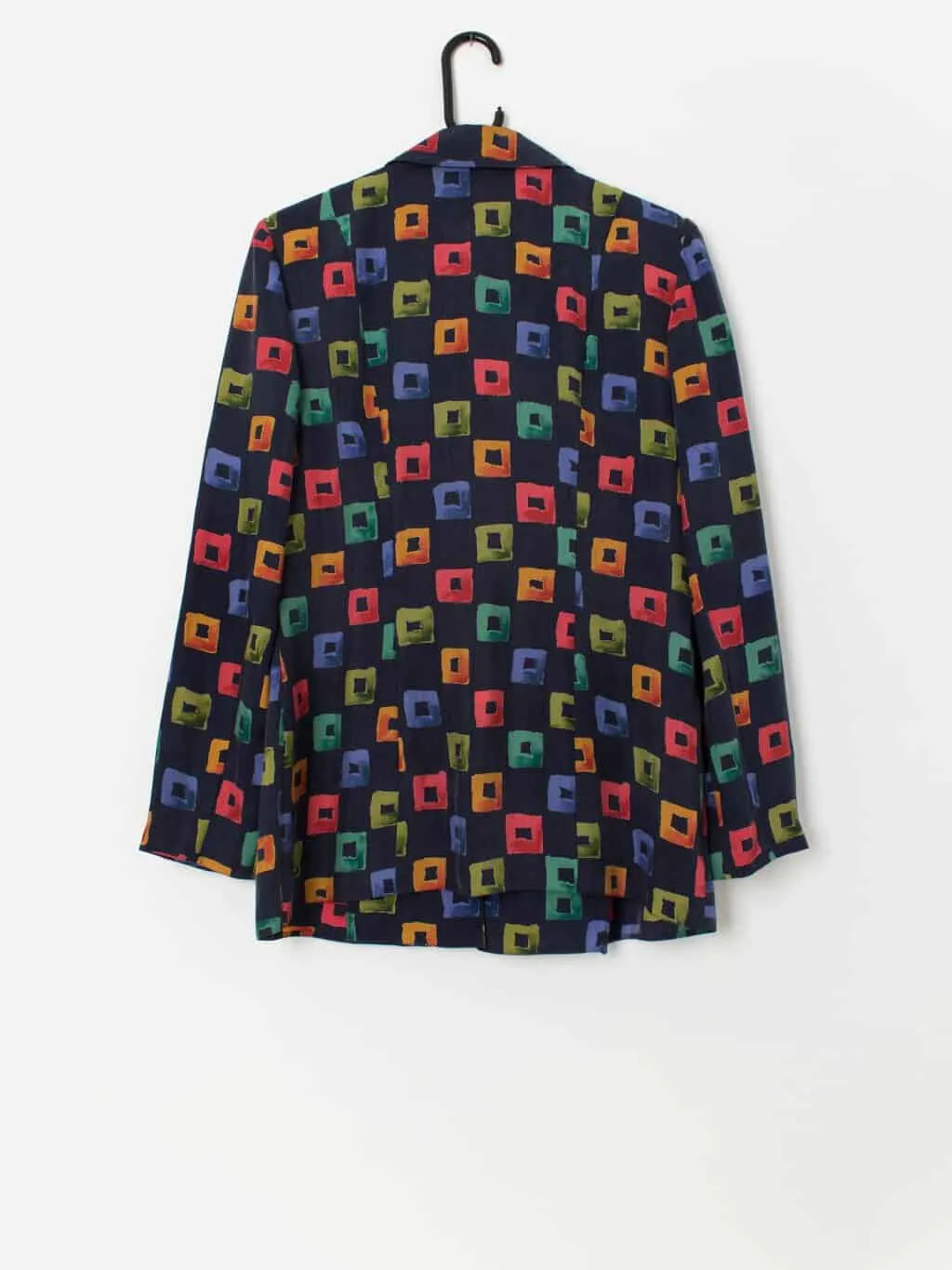 Vintage statement navy blouse / blazer with multicoloured square pattern – Medium