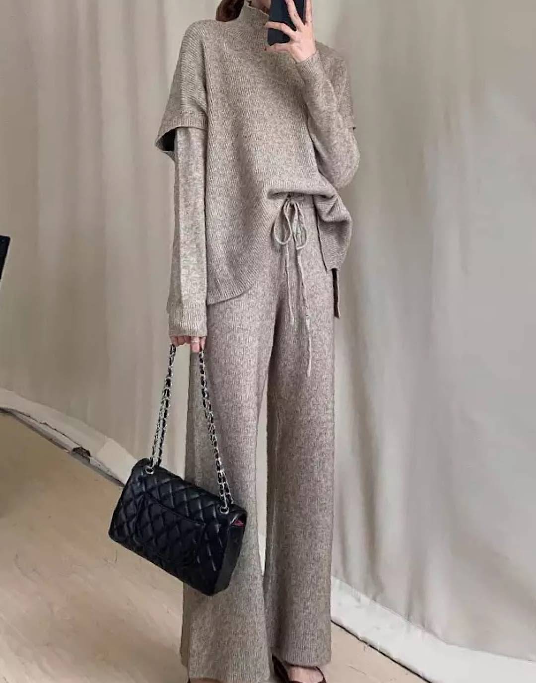 Wide Leg Pants Top Knit Three Piece Set