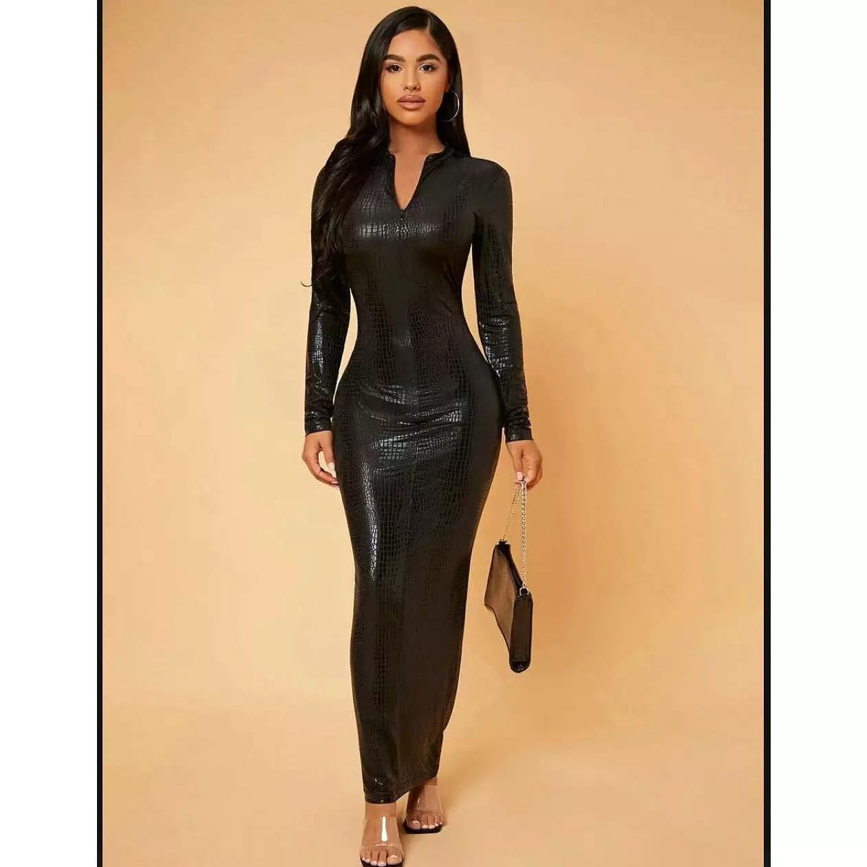 Women Croc PU Leather Bodycon Dress