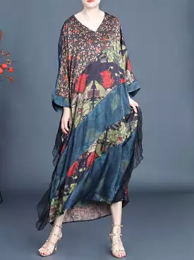 Women Summer Artsy Floral Spliced V-Neck Dress SC1006