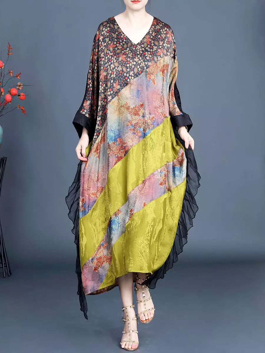 Women Summer Artsy Floral Spliced V-Neck Dress SC1006