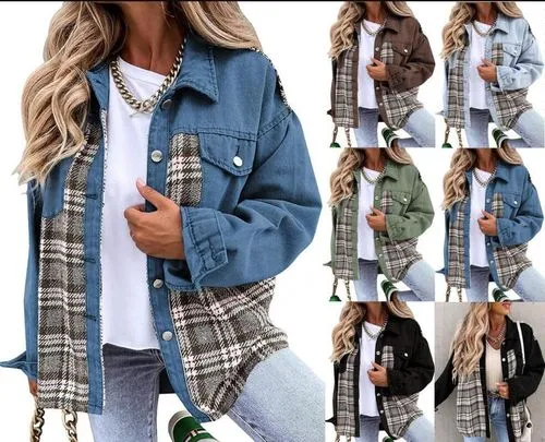 Women's Casual British Style Plaid Single Breasted Coat Denim Jacket