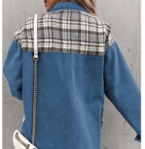 Women's Casual British Style Plaid Single Breasted Coat Denim Jacket