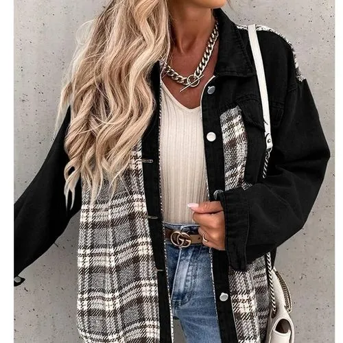 Women's Casual British Style Plaid Single Breasted Coat Denim Jacket