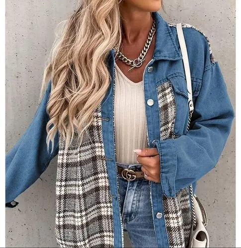 Women's Casual British Style Plaid Single Breasted Coat Denim Jacket