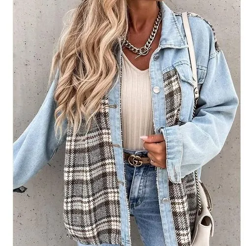 Women's Casual British Style Plaid Single Breasted Coat Denim Jacket