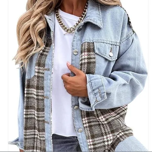 Women's Casual British Style Plaid Single Breasted Coat Denim Jacket