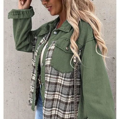 Women's Casual British Style Plaid Single Breasted Coat Denim Jacket