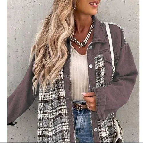 Women's Casual British Style Plaid Single Breasted Coat Denim Jacket