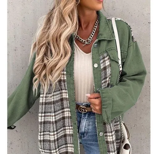 Women's Casual British Style Plaid Single Breasted Coat Denim Jacket