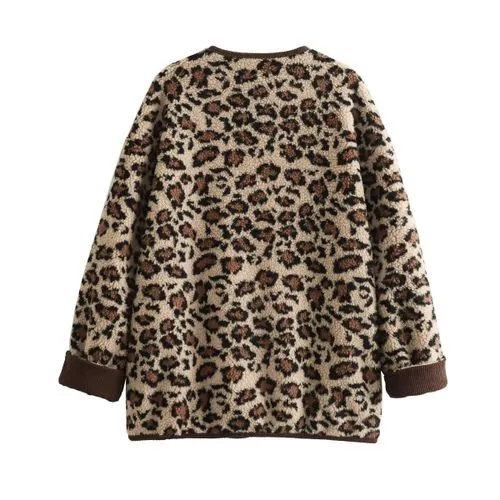 Women's Streetwear Leopard Printing Single Breasted Coat Fleece Jacket