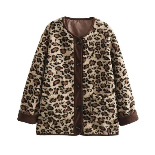 Women's Streetwear Leopard Printing Single Breasted Coat Fleece Jacket