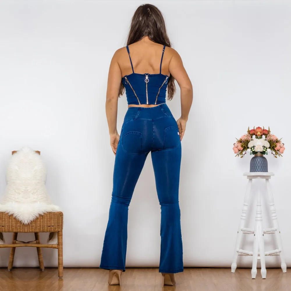 Women's Dark Blue Zipper Push-Up Top High Waist Flare Jeans 2pc Shaper Set