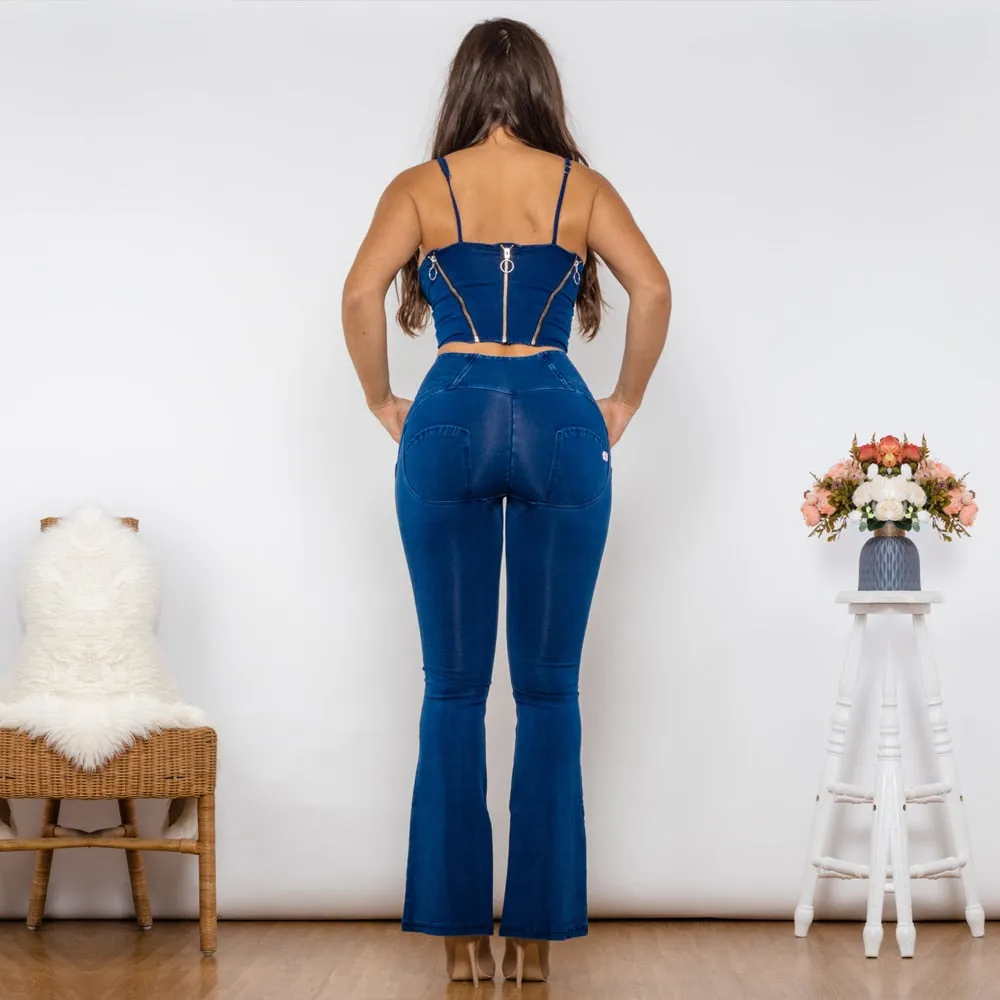 Women's Dark Blue Zipper Push-Up Top High Waist Flare Jeans 2pc Shaper Set