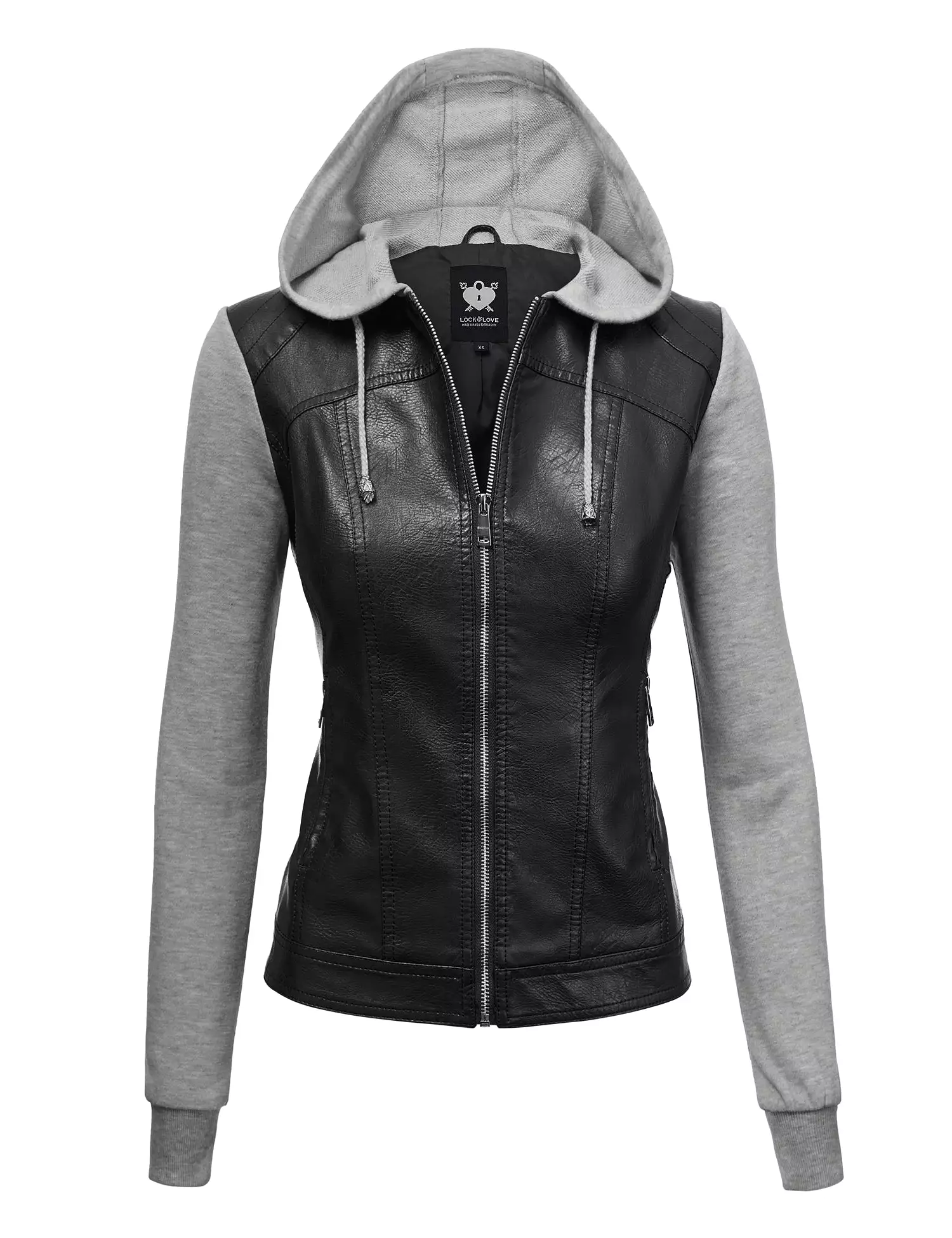 Womens Lock & Love Faux Leather Full Zip Hoodie Sweatshirt Jacket