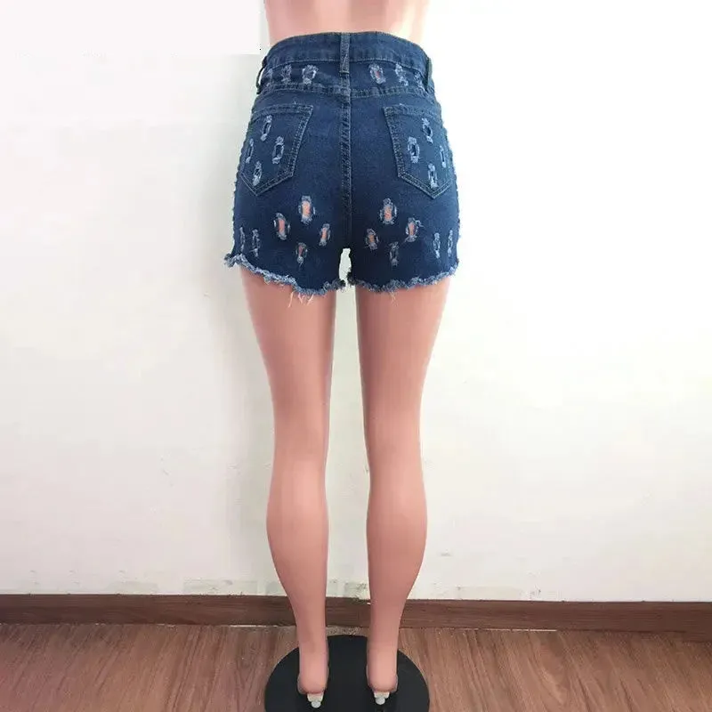 Women's Sexy Distressed Hollow Ripped Low Waist Tight Denim Shorts